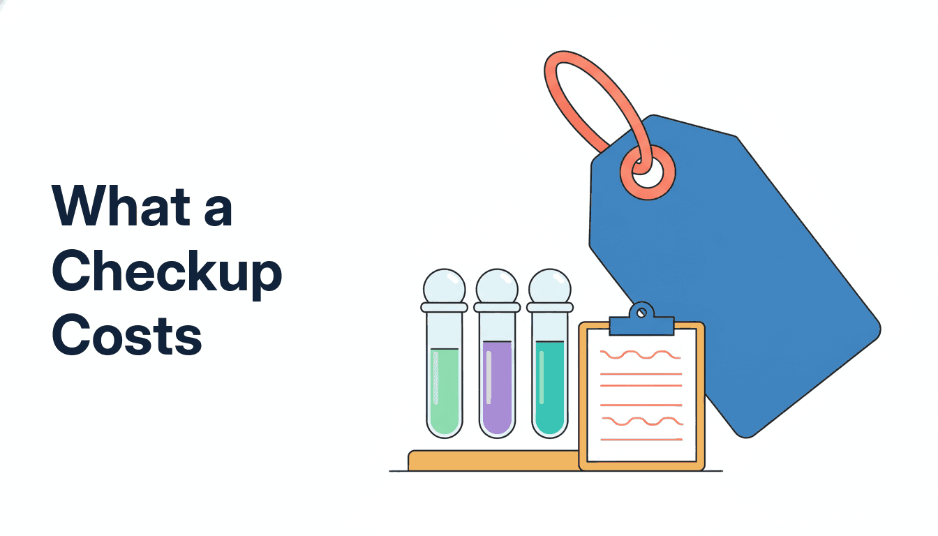 A single large price tag beside a short stack of test tubes, standing for the published cost of a full body checkup