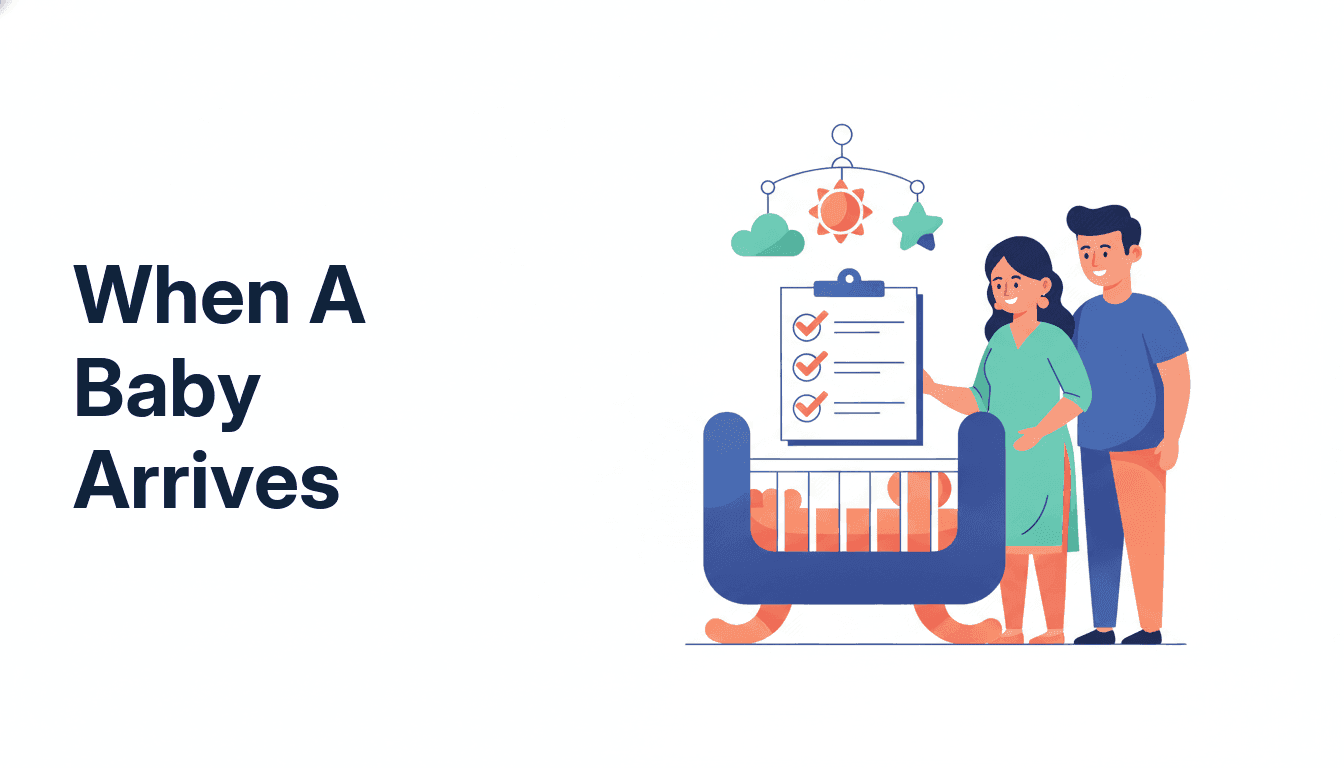 A parent with a newborn beside a ticked insurance checklist