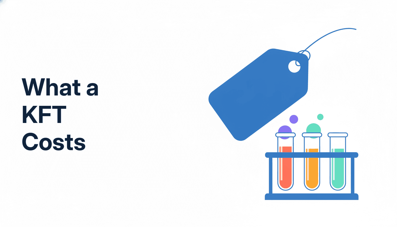 A single price tag beside a small blood collection tube, standing for the published cost of a kidney function test