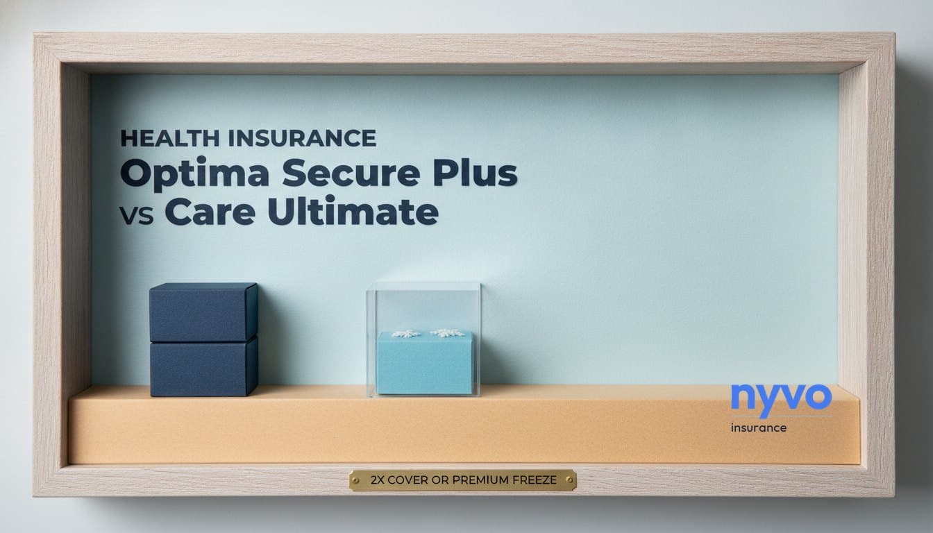 Two paper blocks stacked as one beside a single block in a pale ice-blue shell, next to the title Optima Secure Plus vs Care Ultimate