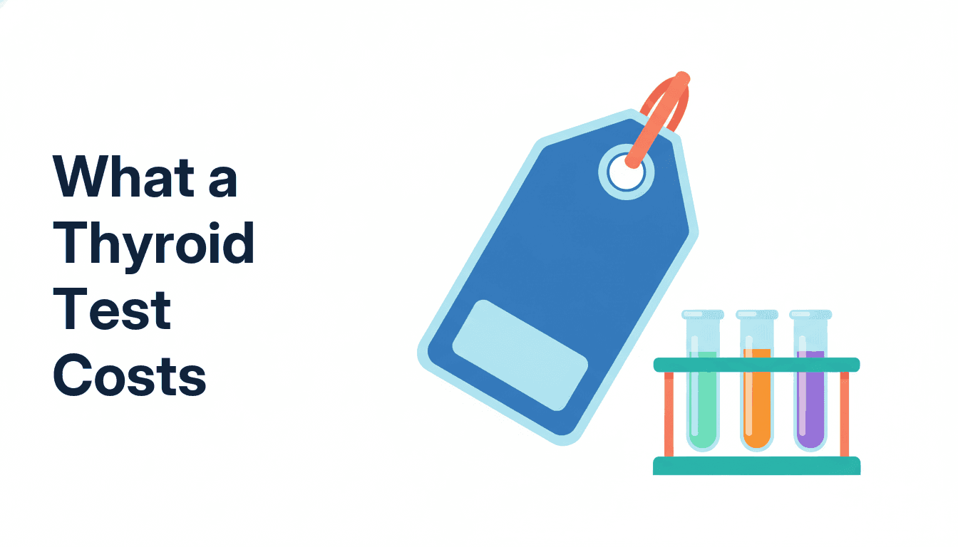 A single price tag beside a small blood collection tube, standing for the published cost of a thyroid profile test