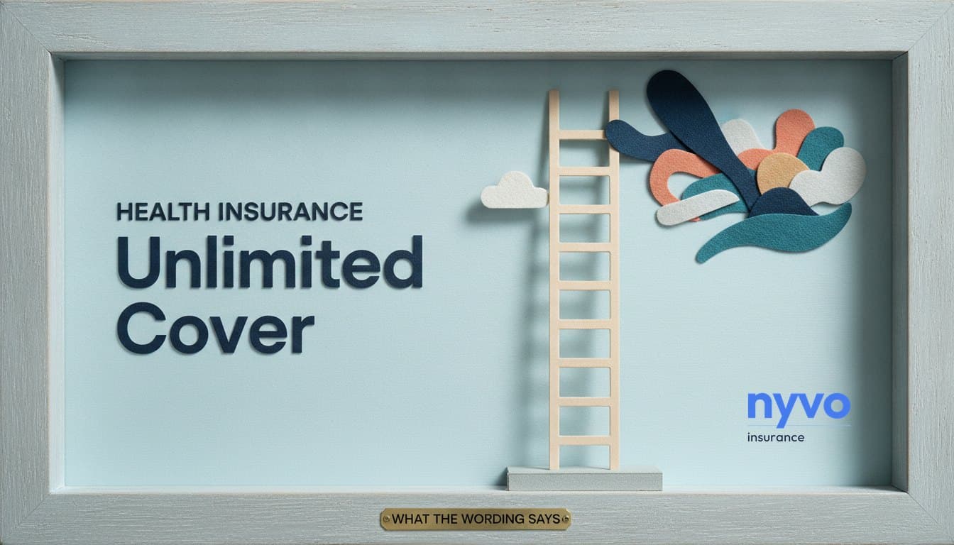 Paper diorama of a tall ladder running out of the top of the frame beside a small cloud, under the words Unlimited Cover and a plaque reading What the wording says