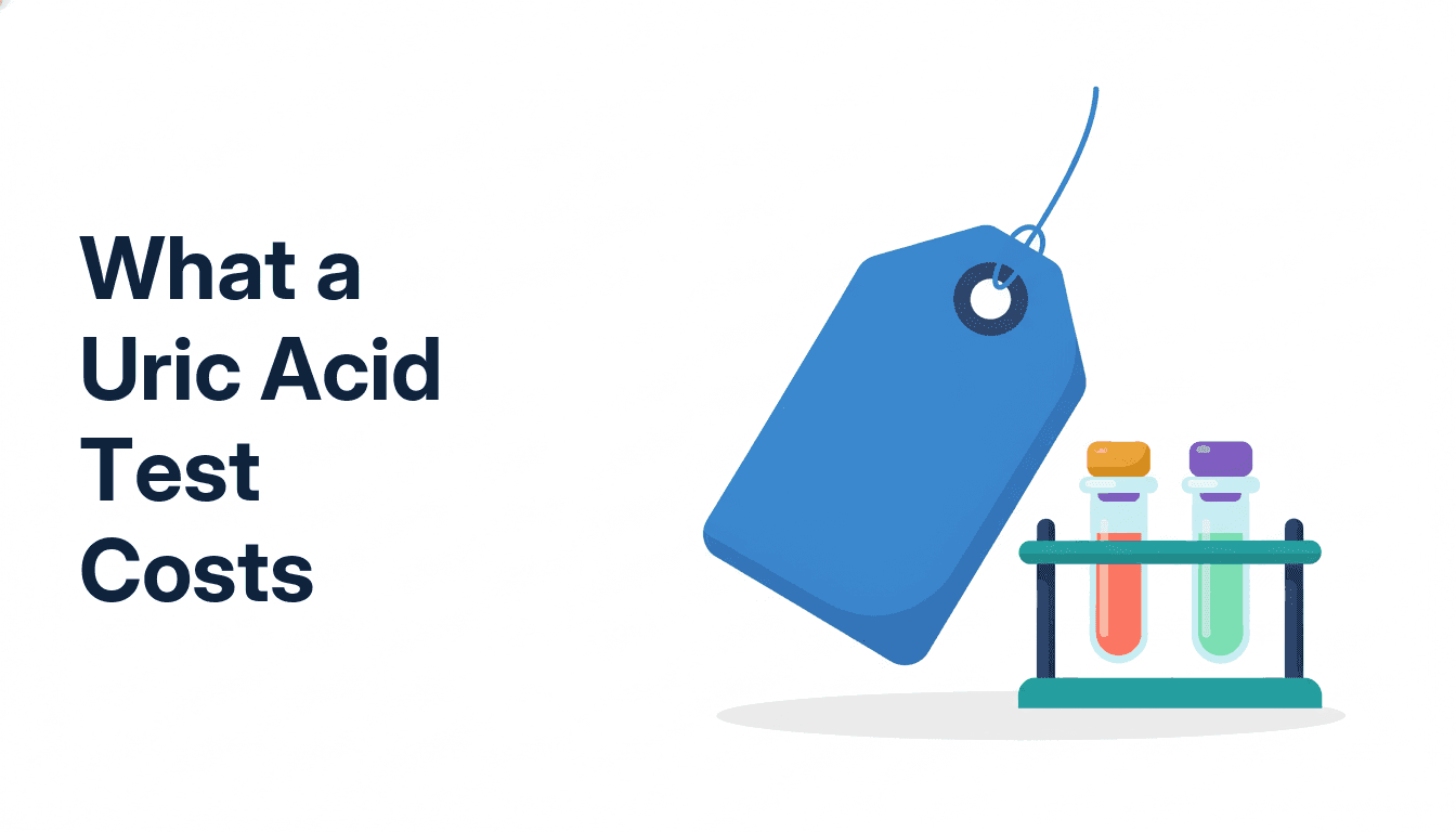 A single price tag beside a small blood collection tube, standing for the published cost of a uric acid test