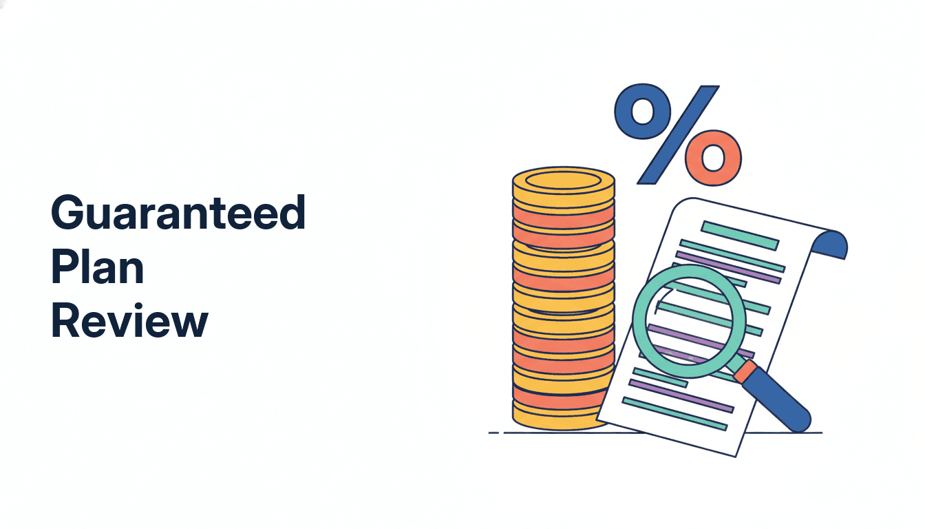 A tall column of stacked coins beside a document under a magnifying glass with a percent symbol above, standing for checking the real annual rate behind a guaranteed plan