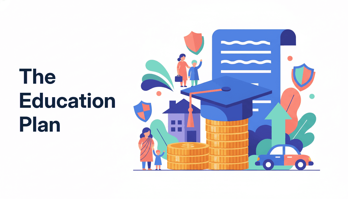 A short column of coins beside a graduation cap and an upright document, standing for an education savings plan and the modest rate behind it