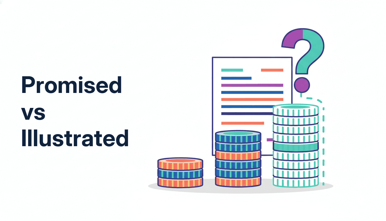 One short solid column of coins beside a much taller column drawn as a dotted outline, standing for a small guaranteed benefit against a large one that is not promised