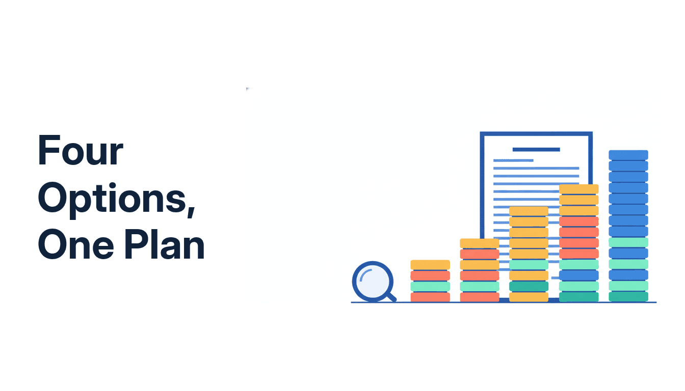 Four columns of coins of different heights beside a document, standing for four plan options whose headline multiples rank differently from their annual returns
