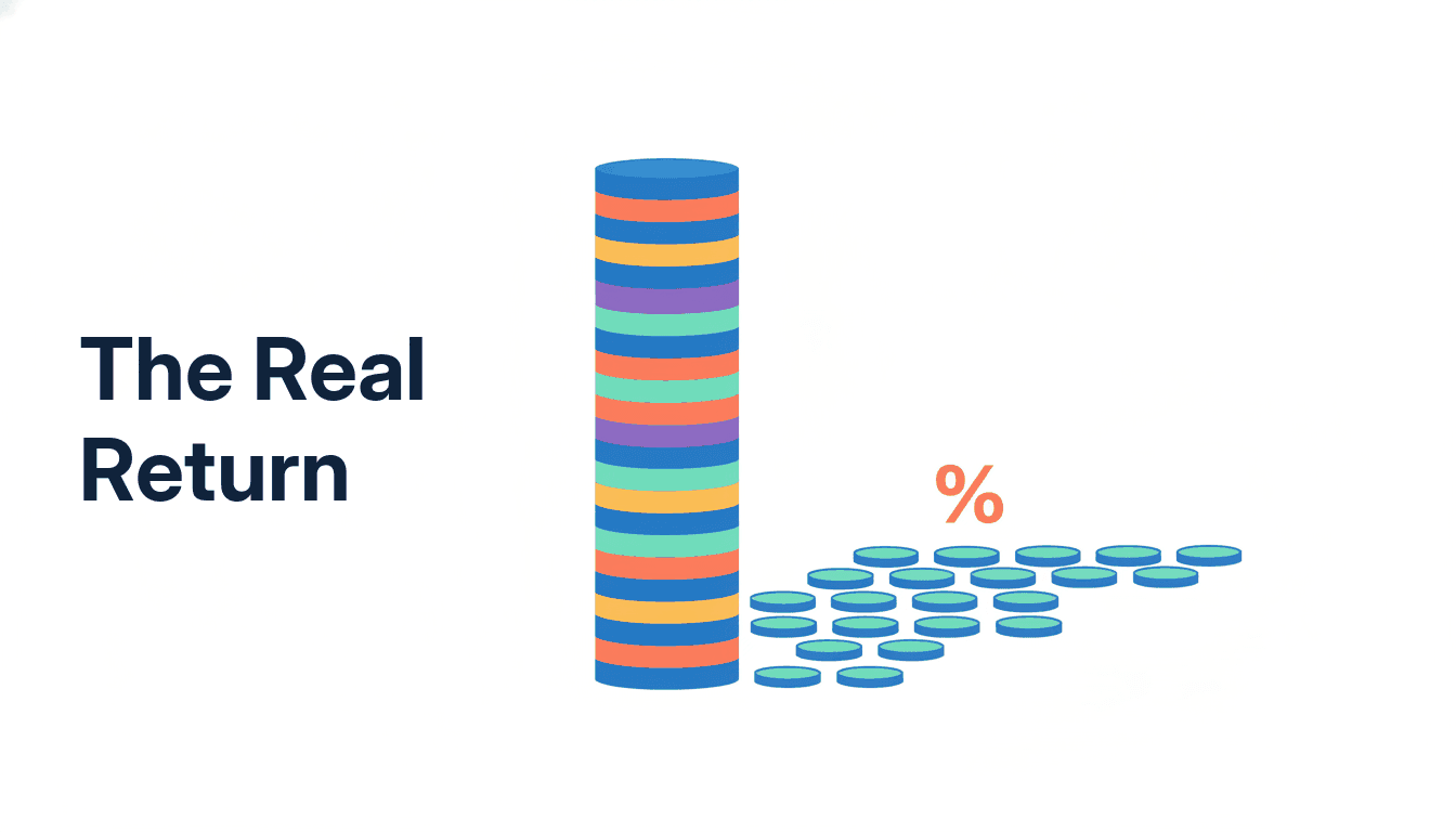 A tall column of premium coins beside a long low trailing stream of small yearly-income coins, standing for an 8%-of-sum-assured payout that works out to a far lower real return