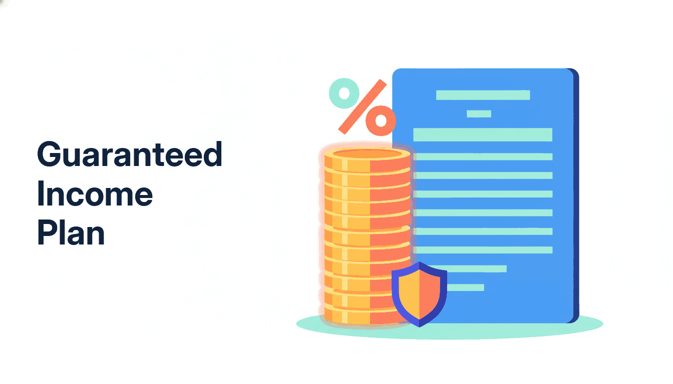 A column of stacked coins beside a document and a small shield, standing for a guaranteed income plan with an illness benefit attached