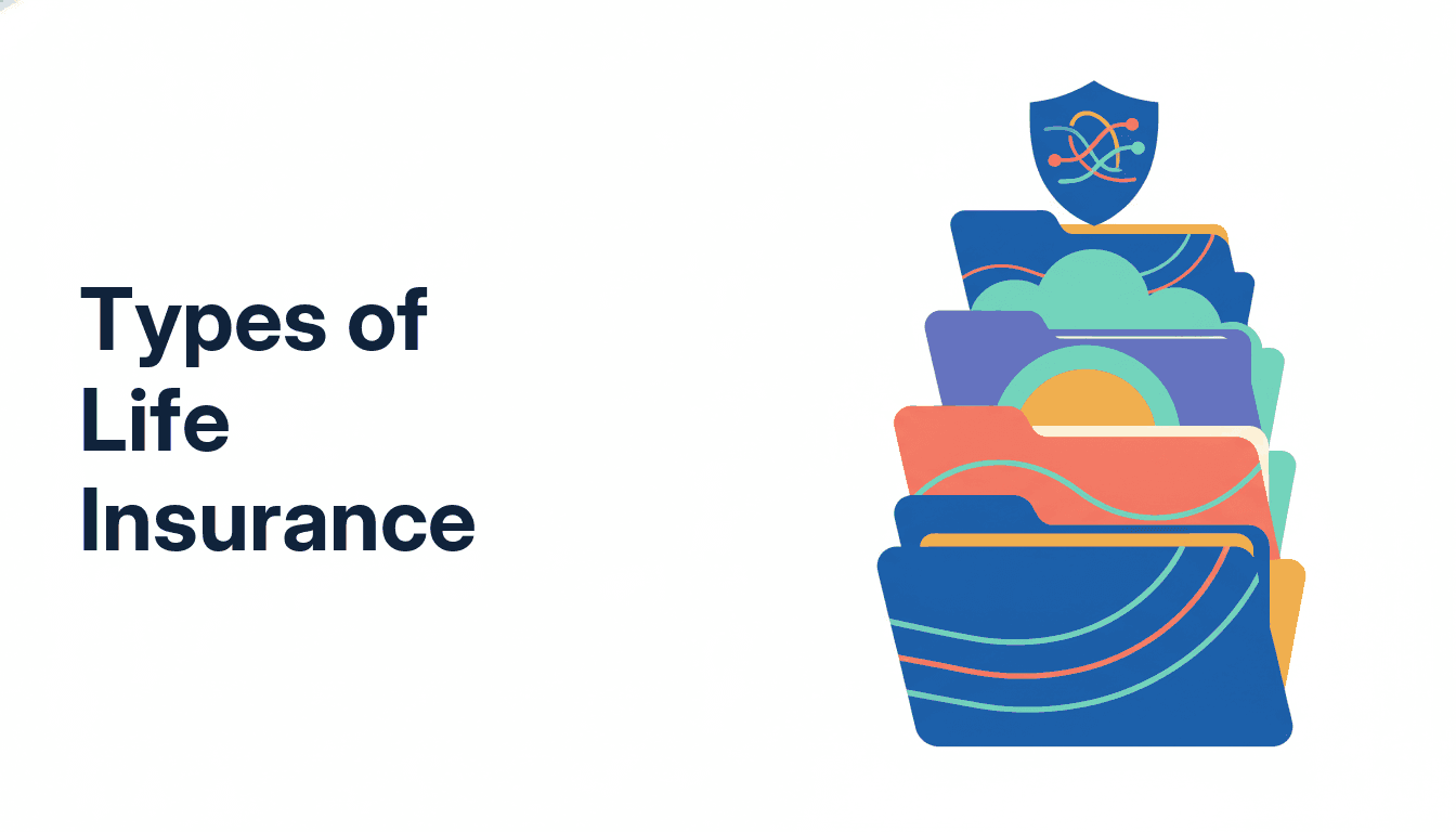 A rising stack of differently shaped policy folders topped by a shield, standing for the seven product families inside life insurance