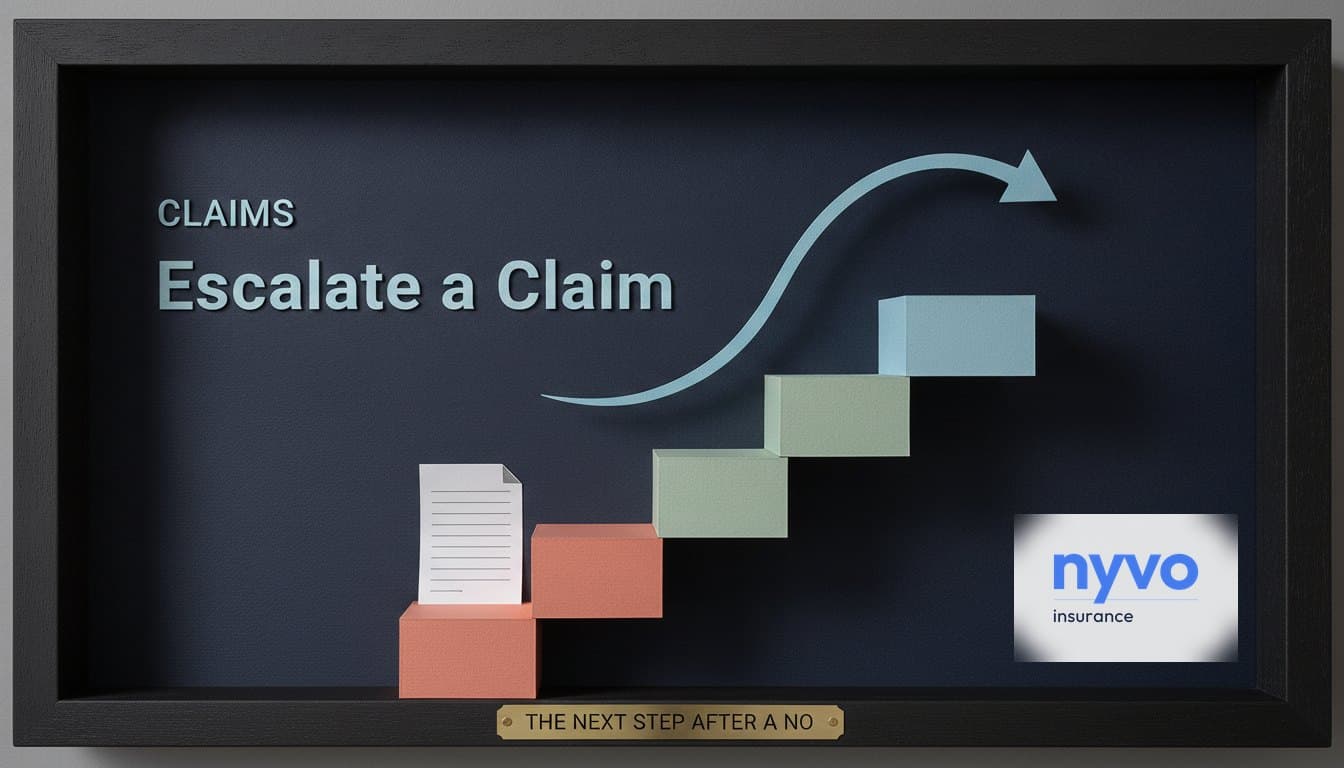 A flight of paper steps rising left to right, a claim document resting on the lowest and an arrow curving over them to the top