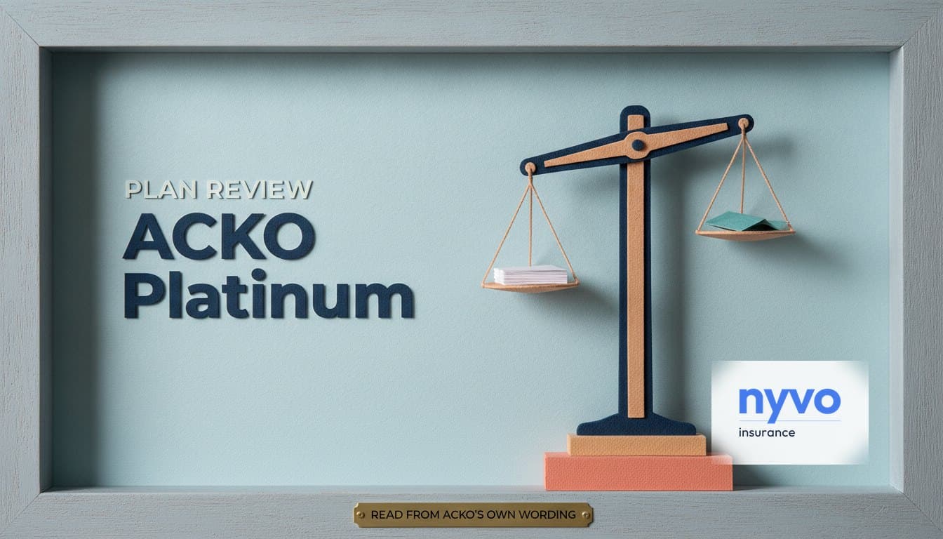 Paper diorama of a weighing balance with paper sheets in one pan and a folded document in the other, under the words ACKO Platinum and a plaque reading Read from ACKO's own wording