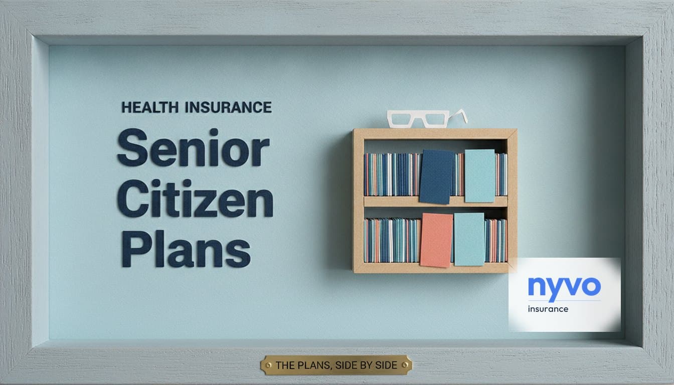 Paper diorama of a small wooden bookshelf of slim coloured cards, four of them pulled forward, with rectangular reading glasses on top, under the words Senior Citizen Plans and a plaque reading The plans, side by side