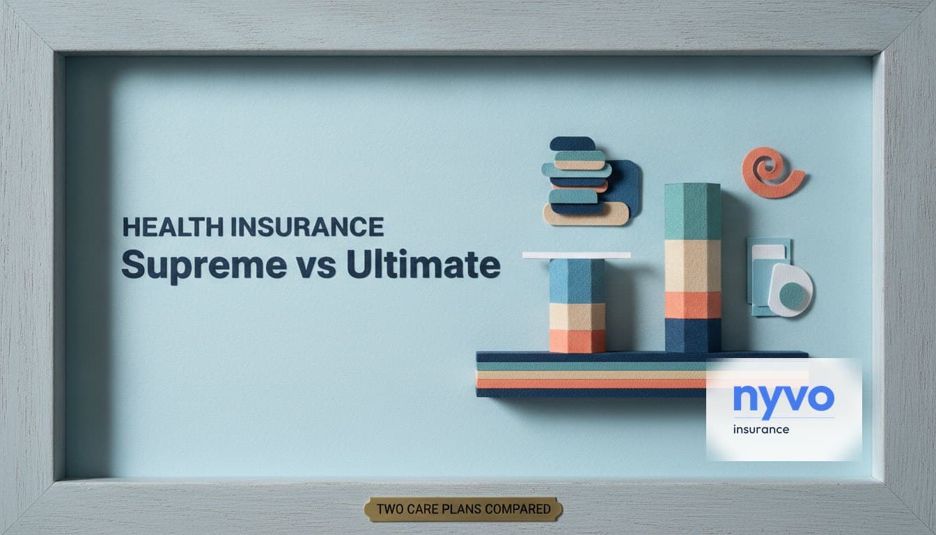 Two stacked paper columns on one striped shelf, beside the title Supreme vs Ultimate