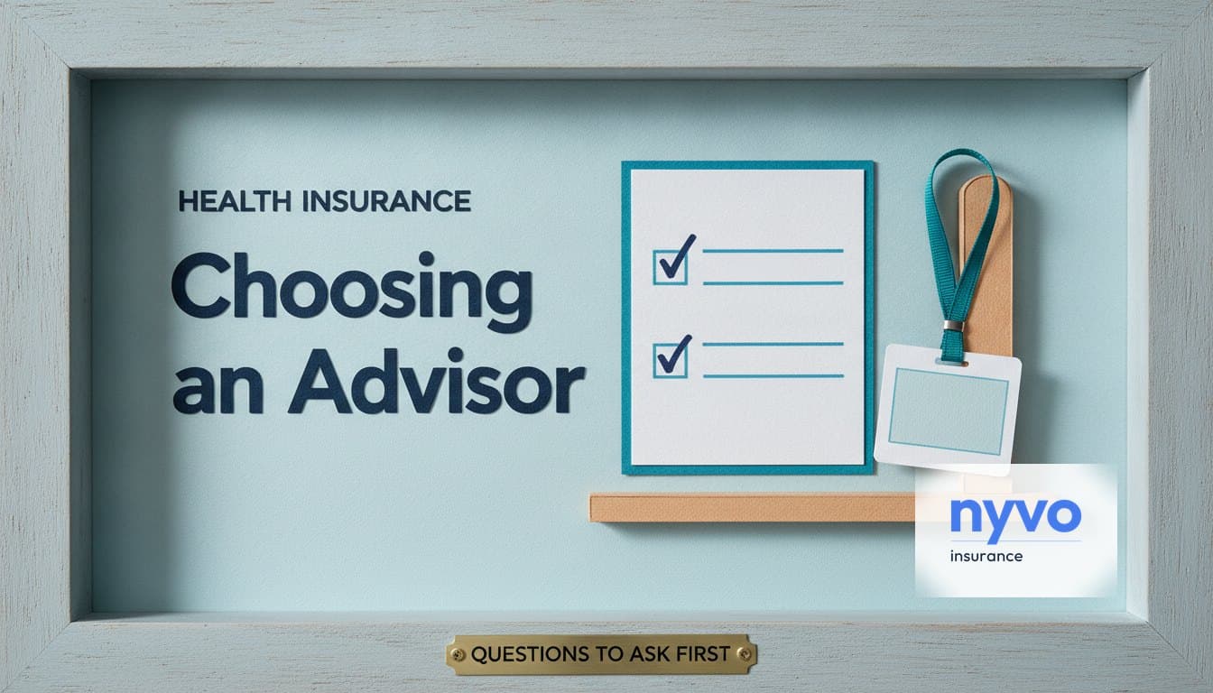 Paper diorama of a checklist card with two ticked boxes beside a blank identity card on a lanyard, under the words Choosing an Advisor and a plaque reading Questions to ask first