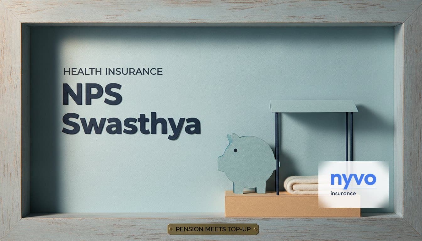 Paper diorama of a piggy bank beside a folded blanket under a flat awning, under the words NPS Swasthya and a plaque reading Pension meets top-up