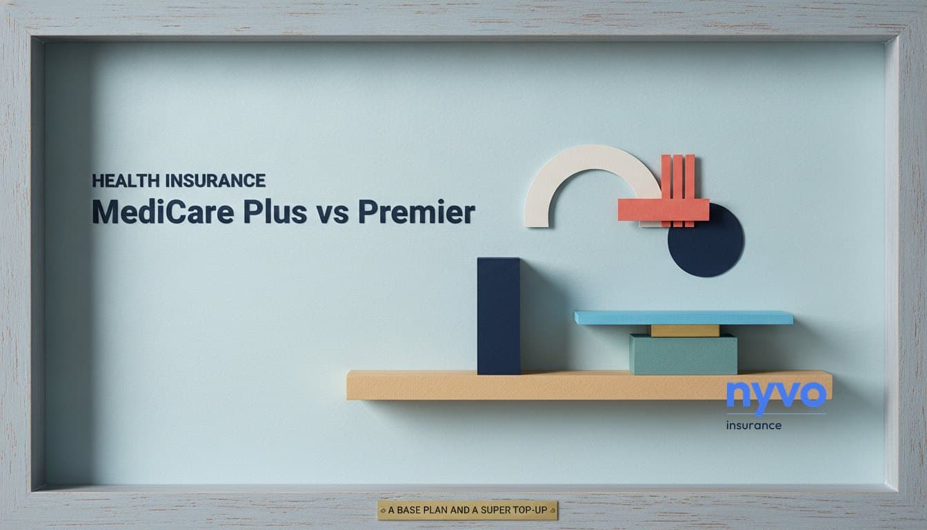 A lone navy paper block beside a lower block with a sky-blue slab resting on top, next to the title MediCare Plus vs Premier