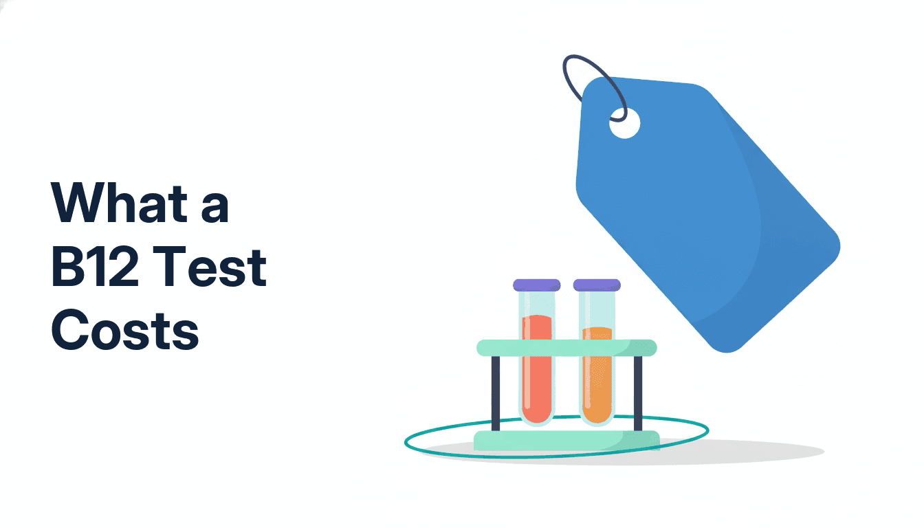 A single price tag beside a small blood collection tube, standing for the published cost of a vitamin B12 test