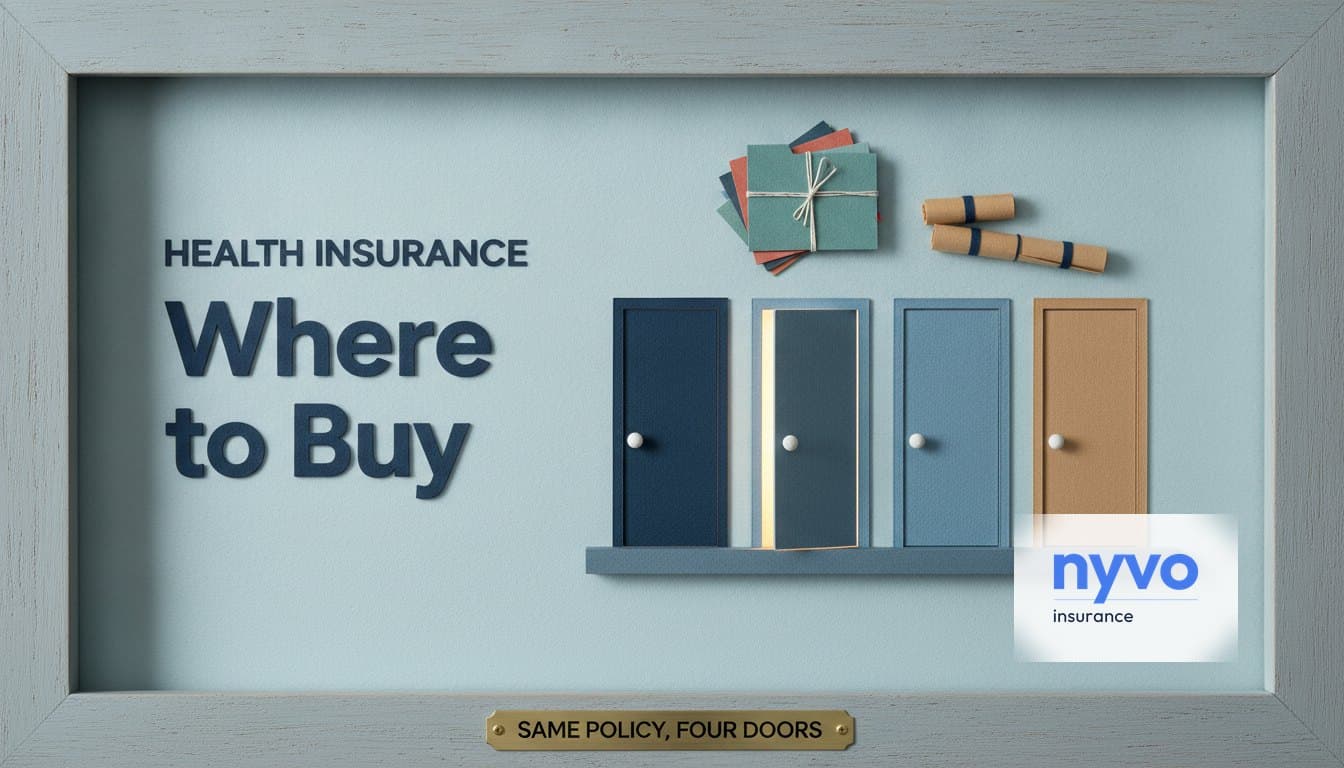 Paper diorama of four tall doors in a shallow arc, one slightly open, under the words Where to Buy and a plaque reading Same policy, four doors