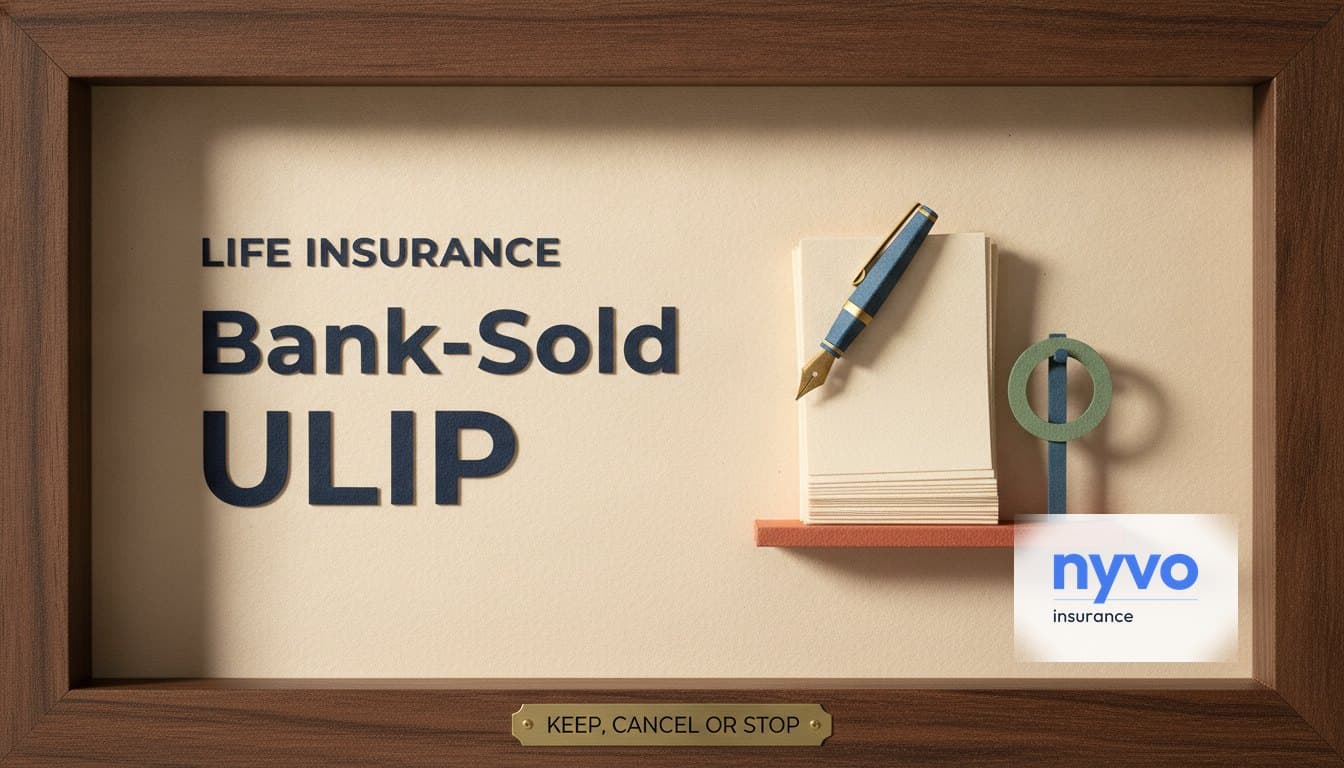Paper diorama of a stack of forms with a fountain pen and a small key on a ring, under the words Bank-Sold ULIP and a plaque reading Keep, cancel or stop