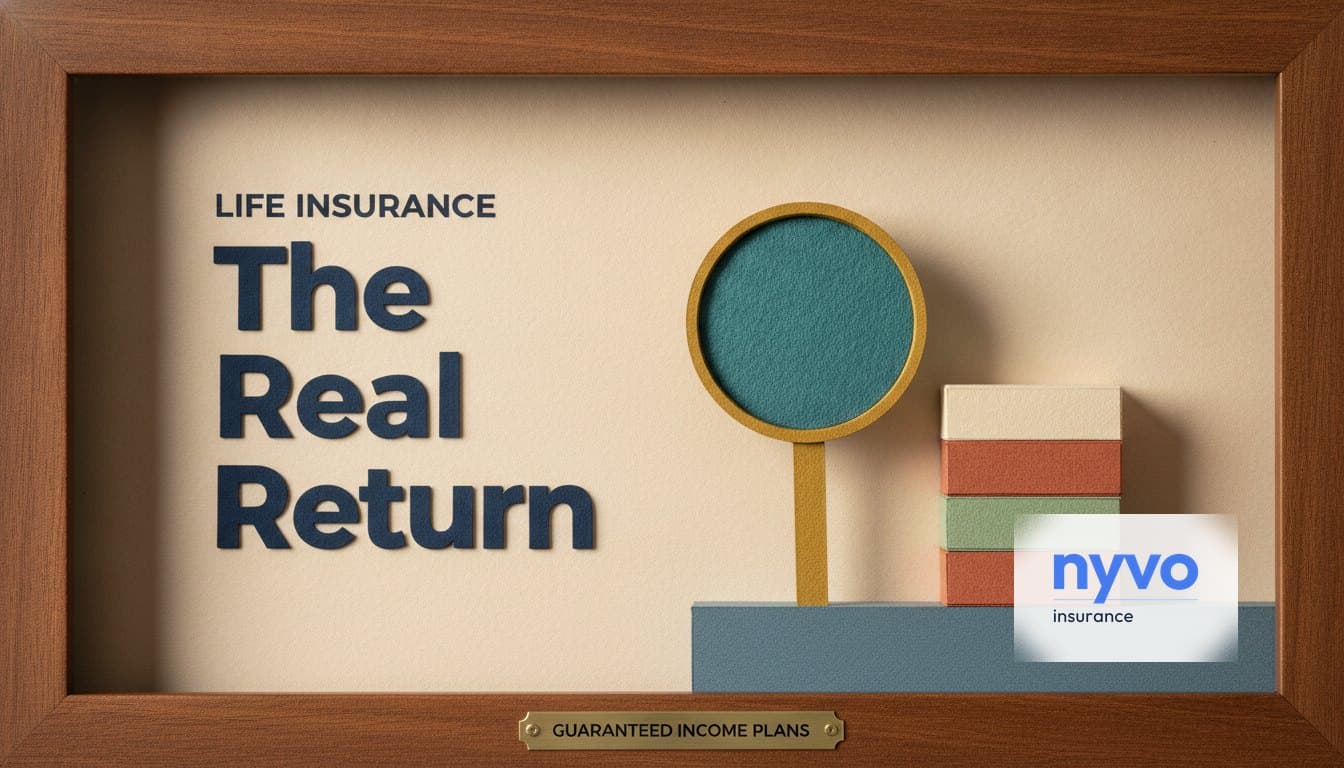 Paper diorama of a magnifying glass on a stand beside a short tower of paper blocks, under the words The Real Return and a plaque reading Guaranteed income plans