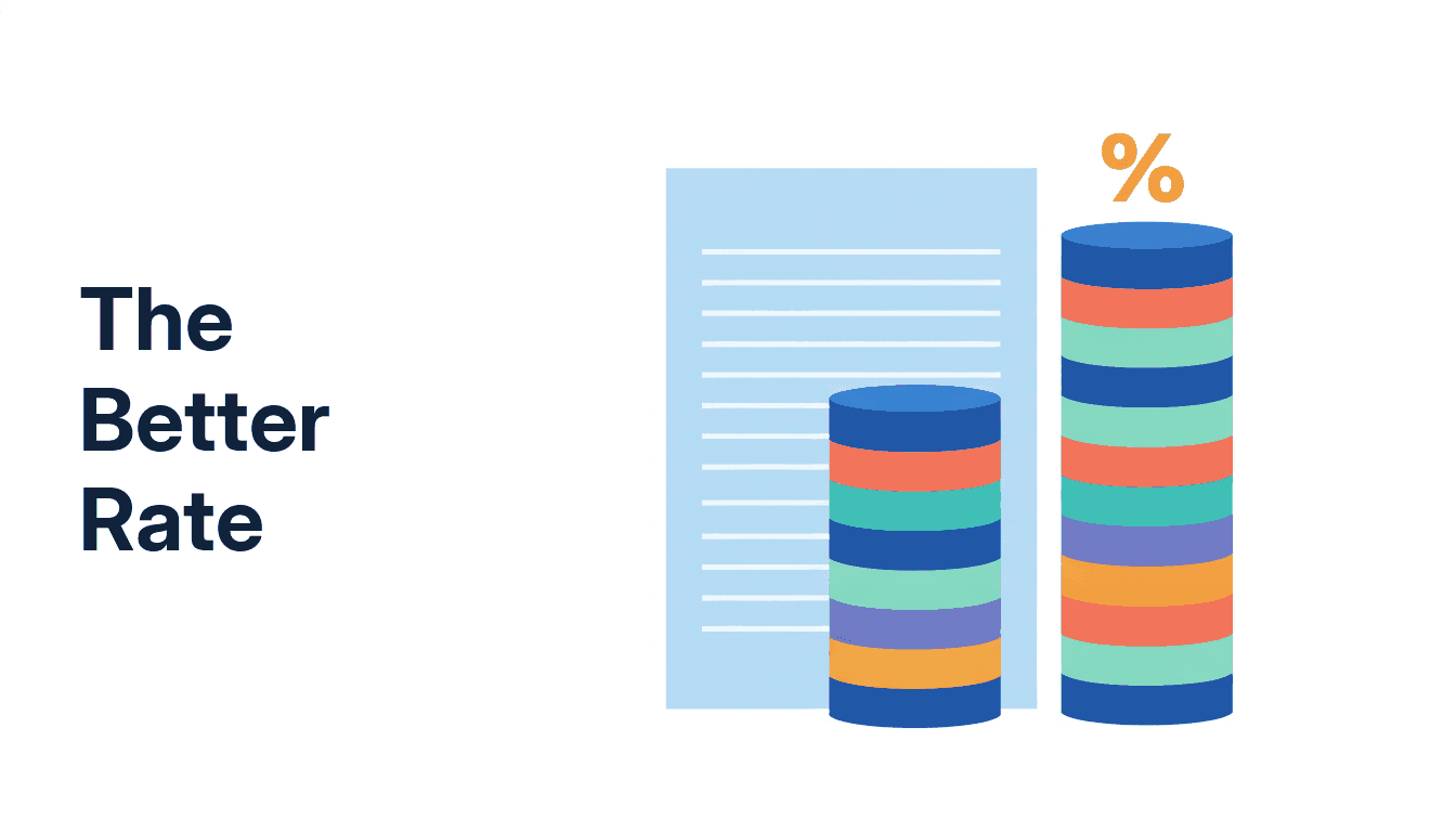 A tall column of coins beside a longer one, standing for a guaranteed savings return that is higher than most plans but still short of a benchmark line