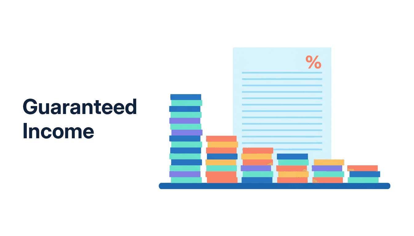 A steady row of equal income coins over fifteen years beside a single premium stack, standing for a guaranteed income that returns a low single-digit rate