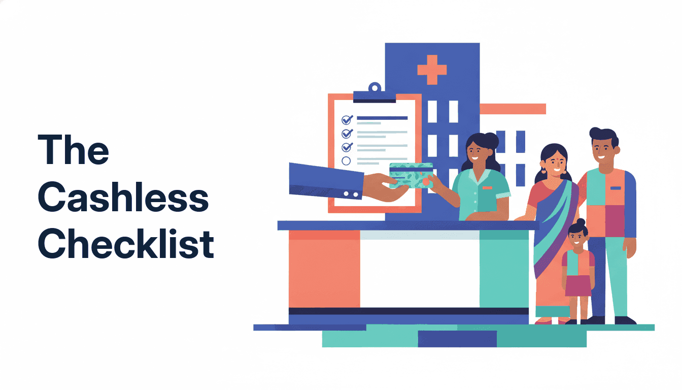 A ticked cashless-claim checklist beside a hospital health card