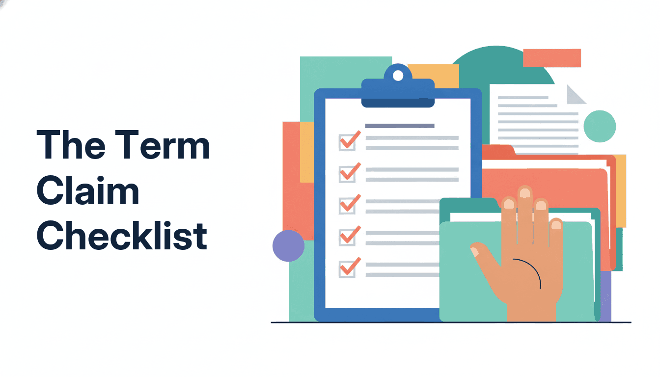 A ticked term-claim checklist beside the supporting documents and a protective shield