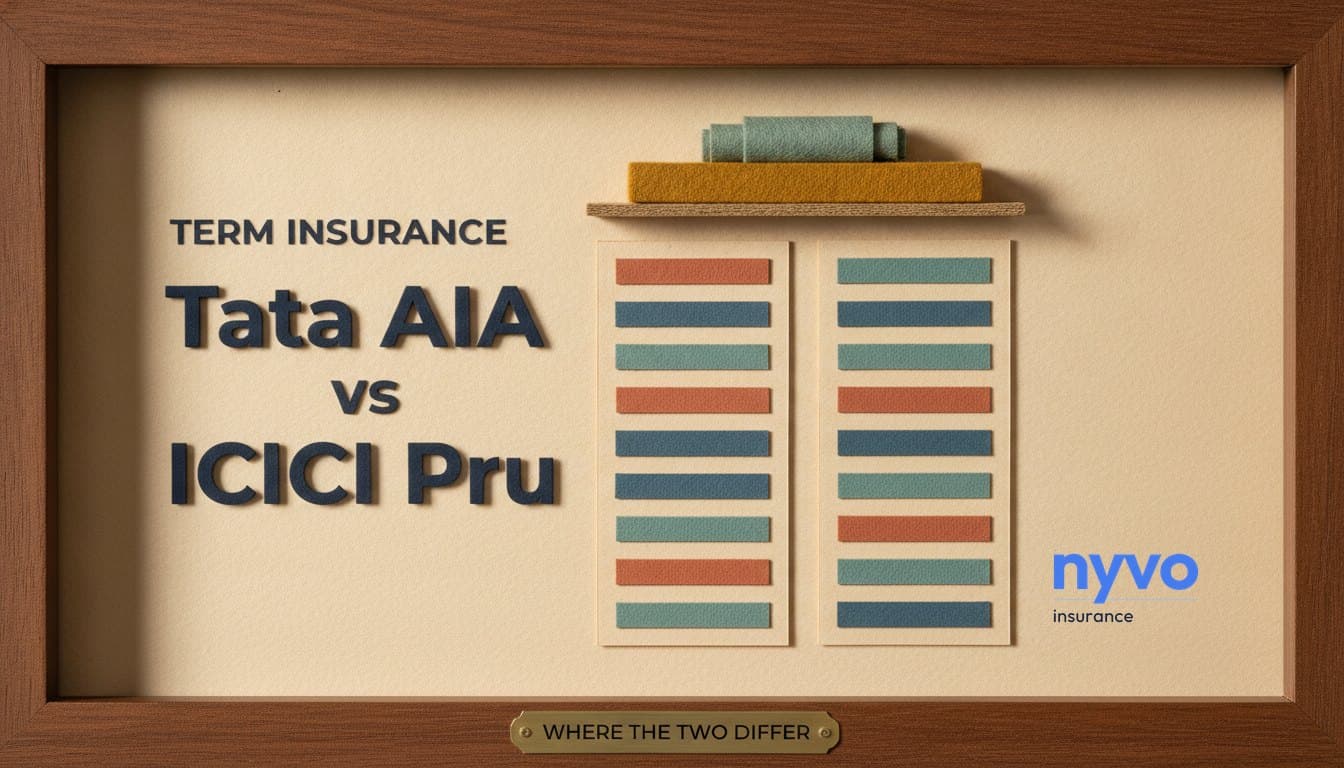Two tall paper panels of coloured bars under one shelf, beside the title Tata AIA vs ICICI Pru