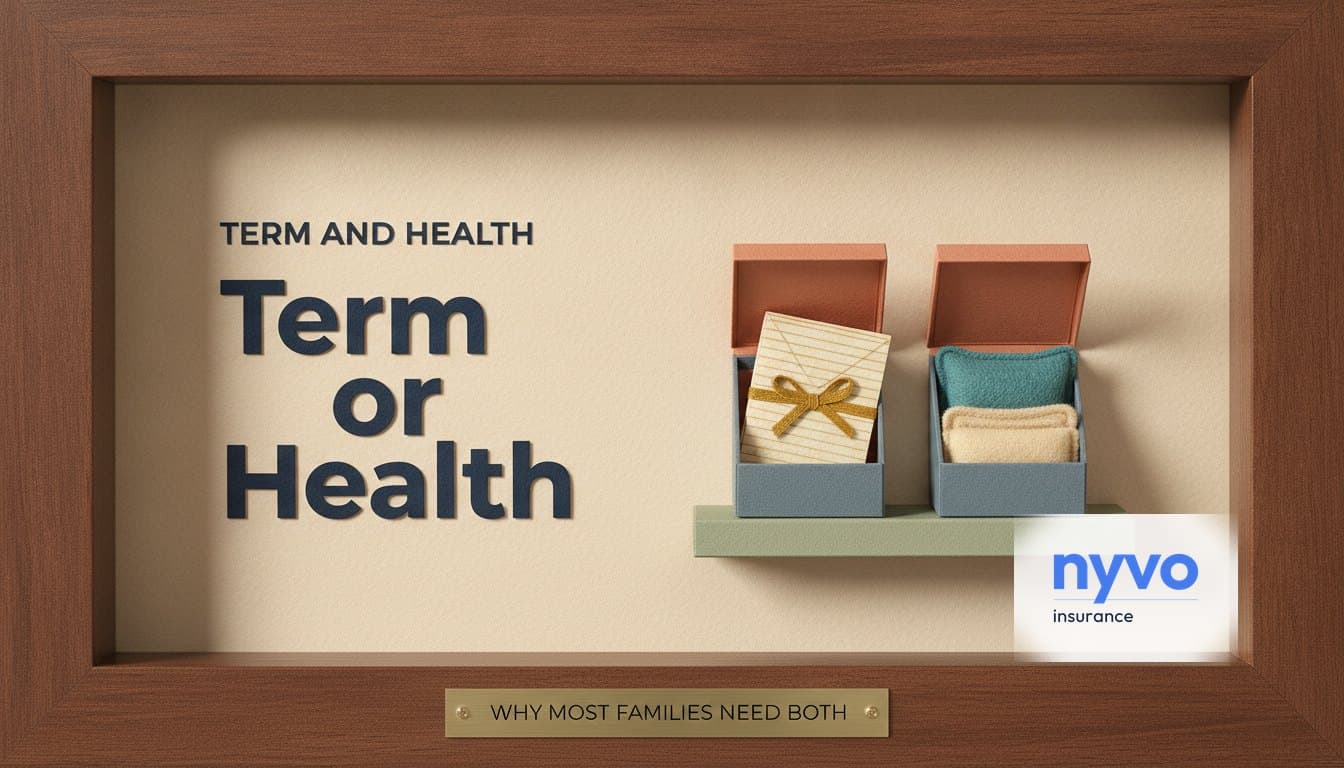 Paper diorama of two open boxes on a shelf, one holding a ribbon-tied letter and one a folded pillow and blanket, under the words Term or Health and a plaque reading Why most families need both