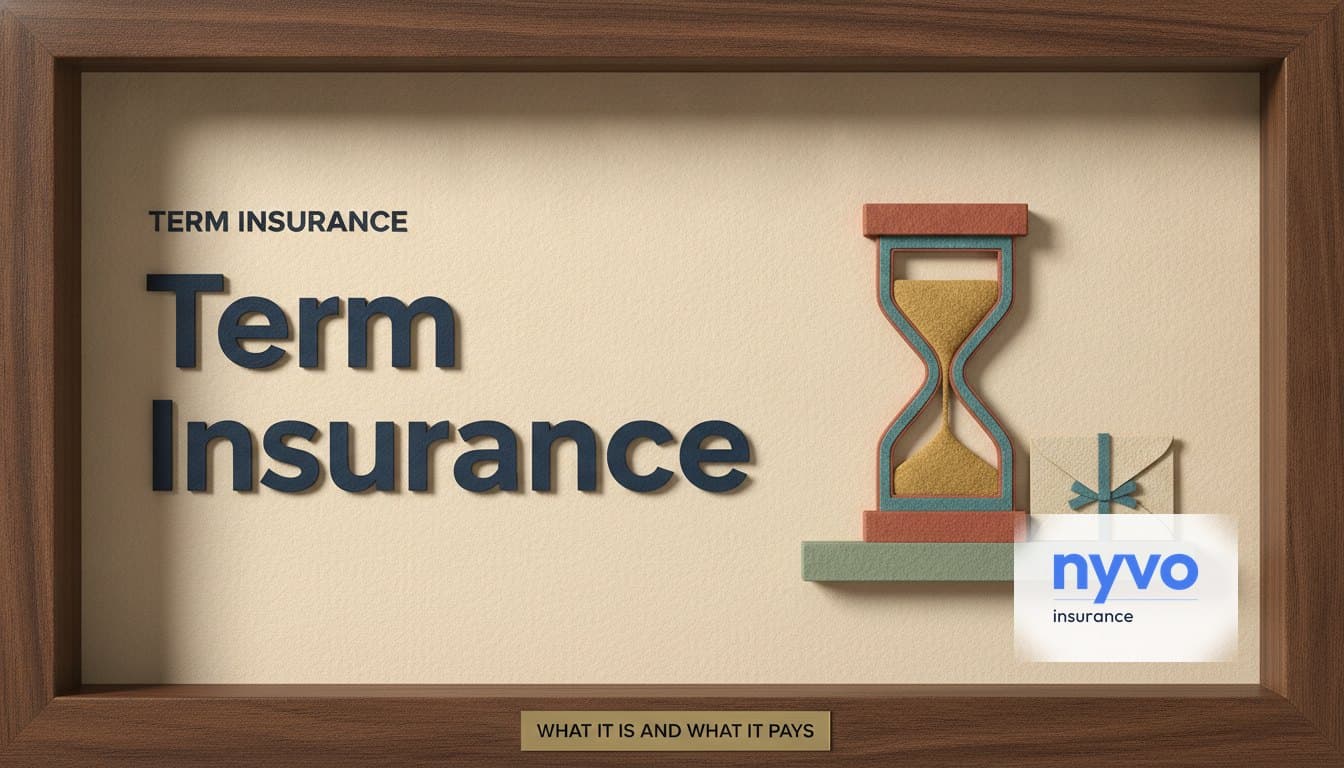 Paper diorama of an hourglass and a ribbon-tied letter on a shelf, under the words Term Insurance and a plaque reading What it is and what it pays